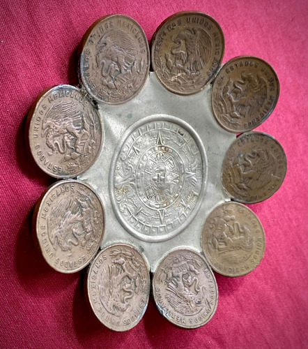 Antiguo Cenicero México Artesanal Arte Monetario Plata Plateado Maya (Usado)