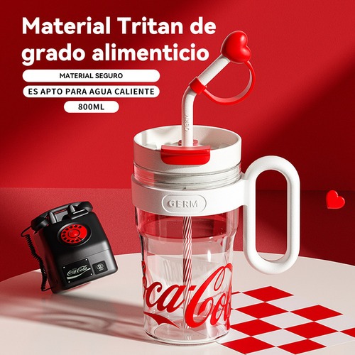 Cocacola Vaso De Plástico Transparente Con Tapa 800ml De Tritan Alimenticio Con Asa Y Popote Para Bebidas Frías Y Calientes Rojo