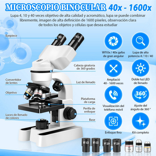 Kit De Microscopio Óptico Acromático Binocular 1600x Con Luz