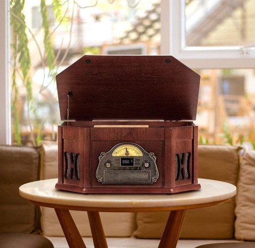 Tocadiscos Clásico De Madera 10 En 1 Conexión Bluetooth