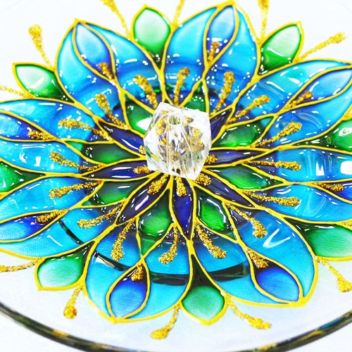 Imagem 1 de 4 de Incensário Mandala Flor Azul, Verde Dourado *sob Encomenda