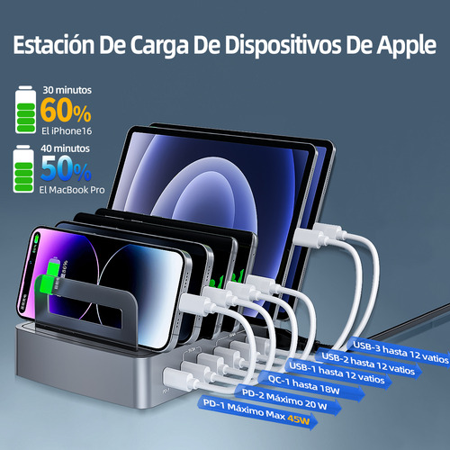 Cargador múltiple USB, cargador rápido con tecnología inteligente para iPhone, iPad, Samsung, Huawei y Xiaomi. Ideal para escuela, oficina y hogar. Protección contra sobrecarga, calor y cortocircuito.