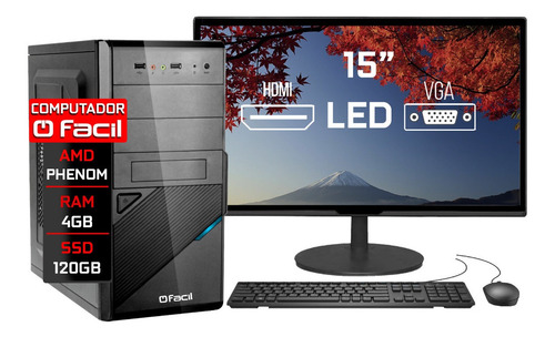 Imagem 1 de 4 de Computador Completo Fácil Phenom 4gb Ssd 120gb Monitor 15