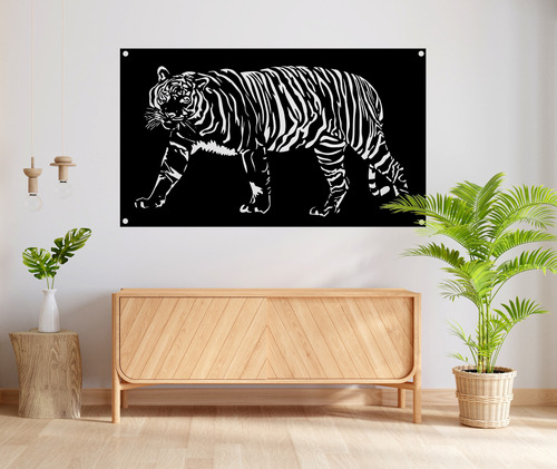 Cuadro Chapa Decorativo Tigre 50cm X 29cm Pintado Negro