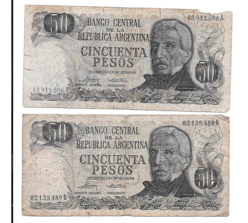 Lote 2 Billetes De Argentina. 50 Pesos Ley Serie A Y B 