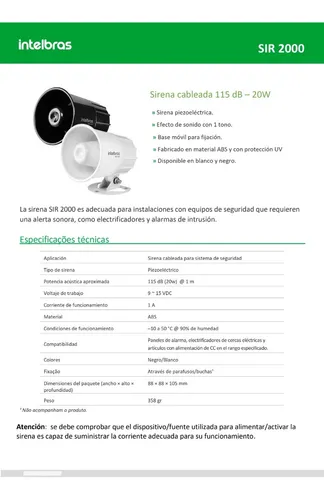 Sirena Para Interior, Un Tono 20w, Sonido 115 Db, Intelbras
