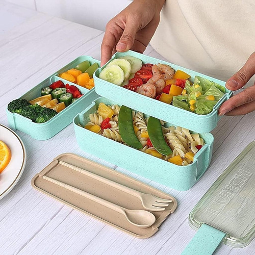Marmita Lancheira Bento Box Lunch 1200ml Com Talheres Cor Verde