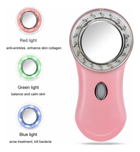 Aparelho Facial Multifunções Rf Íons Led Aquece E Vibra Rosa