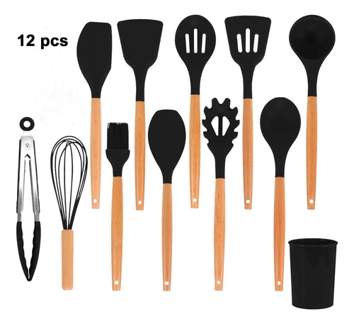Kit 12 Utensílios Silicone Preto Com Cabo De Madeira