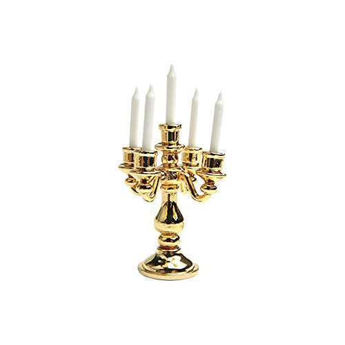 Acxico 1 Unids Escala 1/12 Miniatura Oro Candelabro 5 Velas