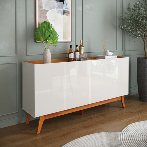 Aparador Buffet Decorativo Mallorca Moderno 4 Portas Off White Com Nature - Minha Loja De Móveis