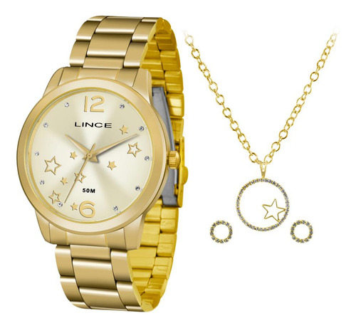 Relógio Feminino Lince Kit + Colar E Brinco Dourado