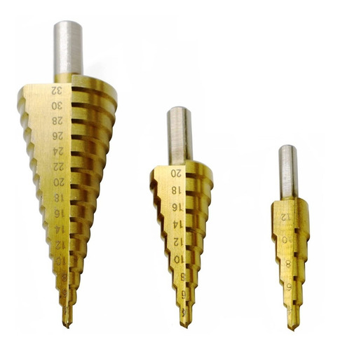 Imagen 2 de 6 de Set 3 Brocas Hss Para Metal Cónicas Escalonadas 4 A 32 Mm