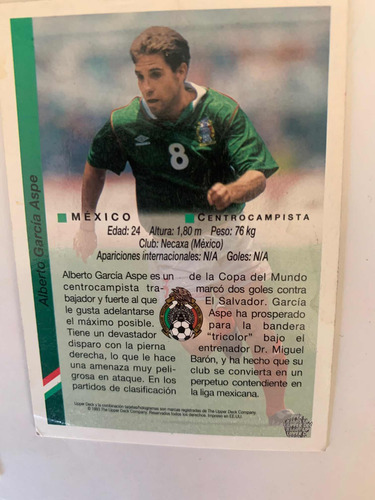 Tarjeta Upper Deck Wc Usa 94 Est. Alberto García Aspe Panini (Usado)