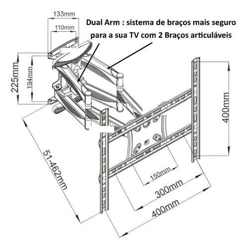 Suporte Parede Painel Triarticulado C/ Inclinação Preto 50kg
