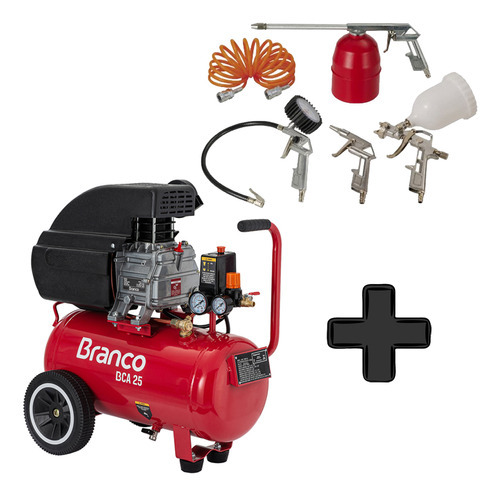 Compressor De Ar 25 Litros 1,9 Hp 8 Pés Branco Motores + Kit Cor Vermelho 110V