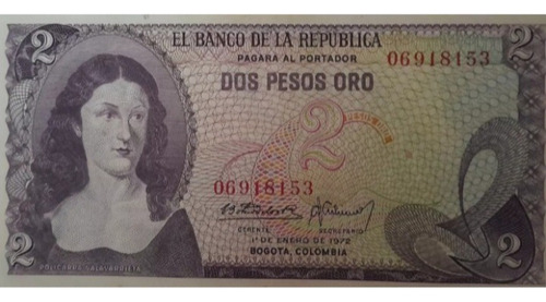 1 Billete De Colombia 2 Pesos Oro 1 Enero 1972