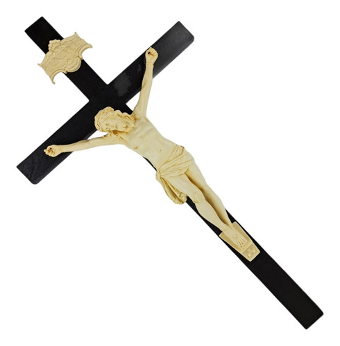 Imagem 2 de 6 de Crucifixo Tradicional Madeira Imagem Resina Cor Marfim 70cm
