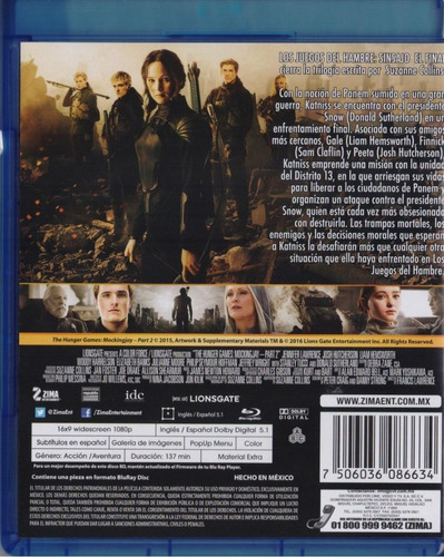 Los Juegos Del Hambre Sinsajo Parte 2 Dos Pelicula Blu-ray