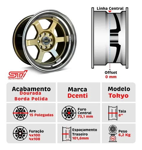 Jogo Roda Tokyo Aro 15 Tala 8 4x108 Offset 0 Cor Dourado Jdm