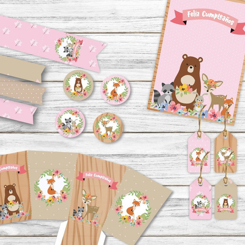 Kit Imprimible Animales Del Bosque Rosa, Candy Bar. Editable