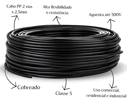 Cabo Pp Extensão 2 Vias X 2,5mm Rolo De 50 Metros