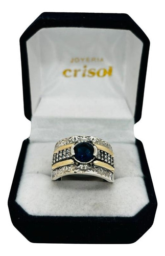 Anillo Plata Y Aplique C/circonia Azul (a332)