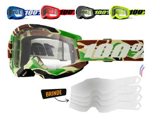 Óculos De Trilha Motocross 100% Strata 2 Lente Transparente Cor Da Armação Verde Camuflado