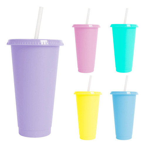 10 Vasos Color Pastel Reutilizables Con Tapa Y Popote 700ml