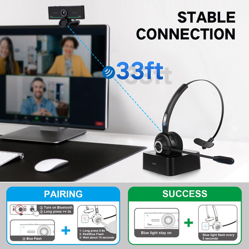 Gsou Cámara Web Bluetooth De 1080p Con Auriculares Bluetooth, Cámara Web Hd Usb Con Micrófono, Plug And Play, Cámara Web De Transmisión Para Reuniones De Zoom, Skype Facetime, Equipos De Pc, Mac