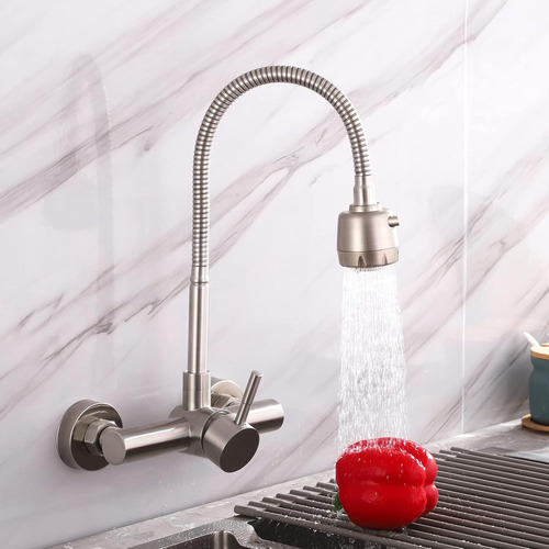 Llave Monomando Lavaplato Al Muro Cuello Flexible Acero Inox