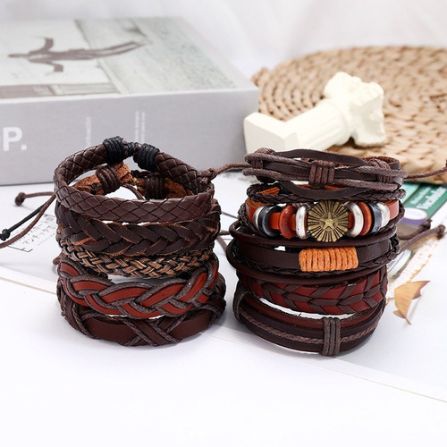 Conjunto Set Pulseras Cuero Piel Tejidas A Mano Multicapa