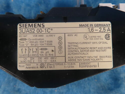 Siemens 3ua52 00-1c Thermal Overload Relay 1.6-2.5a 1yea Ccm