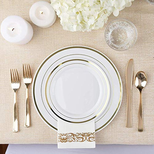 Platos De Plástico Elegantes Blancos Y Dorados De 125 Piezas