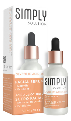 Simply Solution · Acido Glicólico 20% Suero Facial Momento De Aplicación Noche Tipo De Piel Todo Tipo De Piel