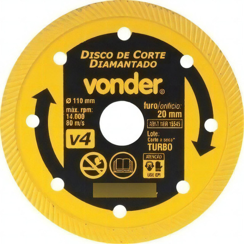 Disco De Corte Diamantado Refrigerado 110mm V4 Vonder Cor Amarelo