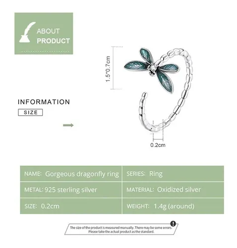 Anillo Plata 925 Ajustable Libélula Verde Joyas Regalo Mujer