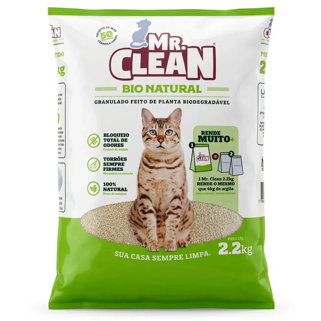 Areia Gato Mr Clean Bio Natural 2.2kg Mandioca Biodegradável Sem Poeira Cat
