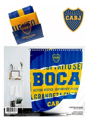 Cortina De Baño Boca Juniors + Ganchos Color Azul Y Amarillo