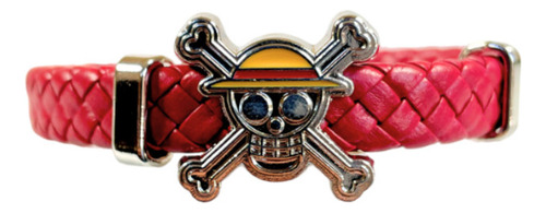 Pulsera Luffy Cuero Y Placa Metalica - One Piece Brazalete Color Rojo Diámetro 7 Cm