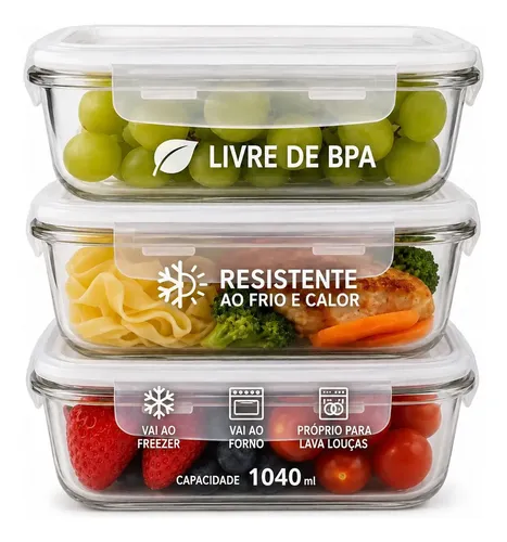 Kit 3 Potes Vidro 1040ml Hermético Marmita Forno Refratário Transparente