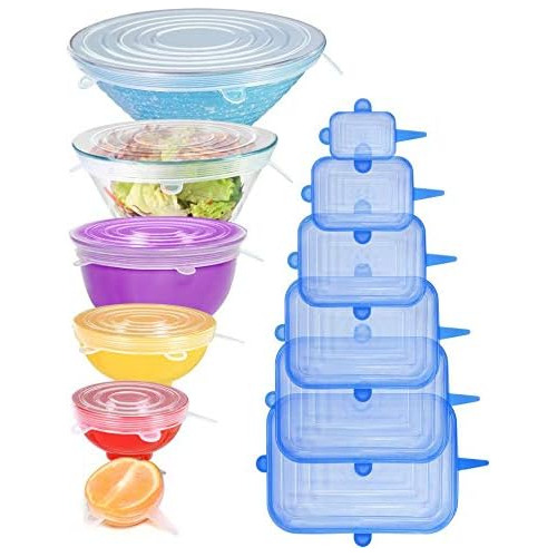 [12pack]  Silicone Stretch Lids 6 Clear Round 6 Blue Re...