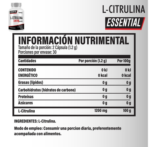 L-citrulina 1200 Mg | Testrol Essential | 60 Capsulas Sabor Sin sabor