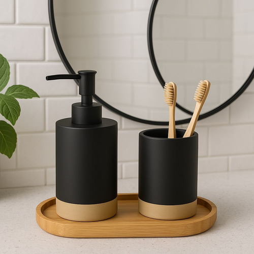 Lumai Kit Lavabo Acessórios De Resina E Bandeja De Bambu