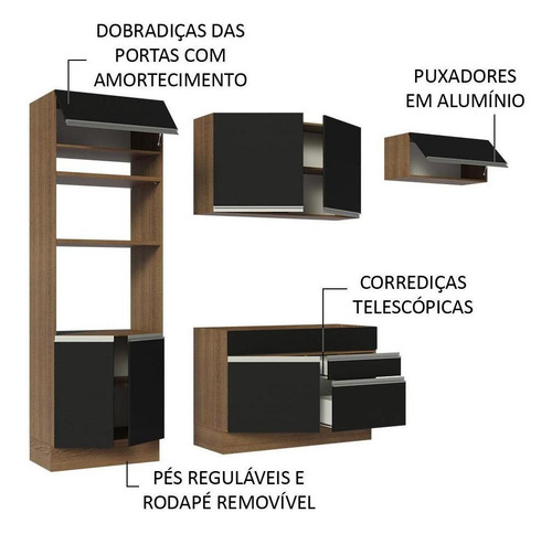 Armário De Cozinha Madesa Completa 270cm Rustic/p Glamy 15 Cor Rustic/Preto