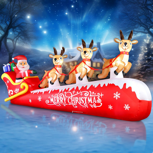 Papá Noel Inflable De Navidad 3 Renos 3.66 Metros Luces Led