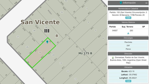 Lote En Venta, 283m2 , Domselaar, San Vicente, Bs. As.