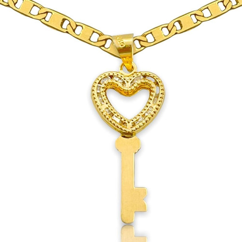 Dije Corazon Oro Puro 10k Llave Con Piedras 2.1 Cm Cadena