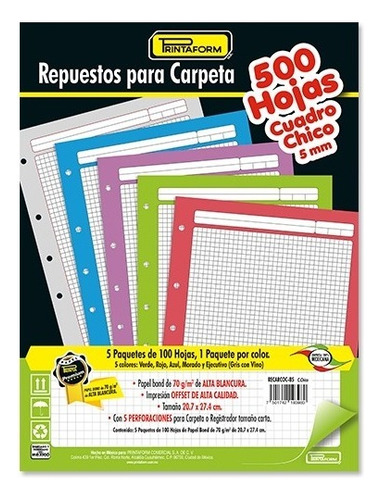 Repuesto Para Carpeta Tamaño Carta 500 Hojas - 5 Colores Color Cuadro Chico