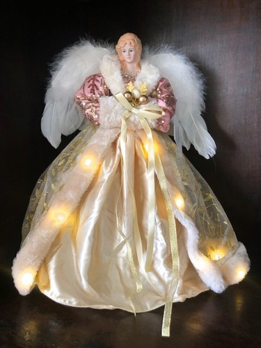Anjo Em Tecido E Porcelana Com Luz - Rosa E Dourado - 42,5cm
